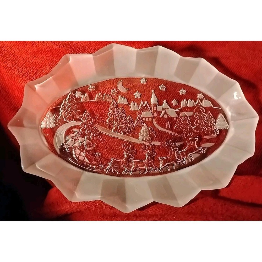 Vtg Platter Mikasa Santa Sleigh frosted moon glass clear dish, oval Christmas